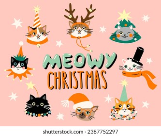 Card with a Cute cartoon cats wearing different Christmas outfits.  Hand drawn vector illustration. Funny xmas background.