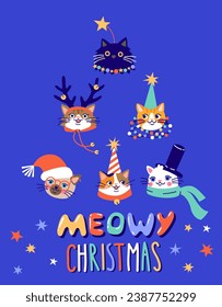 Card with a Cute cartoon cats wearing different Christmas outfits.  Hand drawn vector illustration. Funny xmas background.