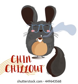 Card with cute cartoon chinchilla. Illustration of cartoon animal with text  isolated on white background