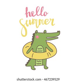 Card with cute cartoon crocodile. Hello summer