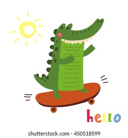 Card with cute cartoon crocodile on a skateboard