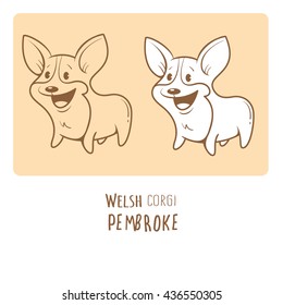 Card with cute cartoon dog breed Welsh Corgi Pembroke. Children's illustration. Little puppy. Funny baby animal.  Two variants vector contour  image, transparent background and white fill.