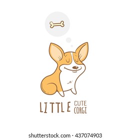 Card with cute cartoon dog breed Welsh Corgi Pembroke and bone. Children's illustration. Little puppy. Funny baby animal. Vector image.