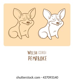 Card with cute cartoon dog breed Welsh Corgi Pembroke. Children's illustration. Little puppy. Funny baby animal.  Two variants vector contour  image, transparent background and white fill.