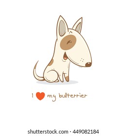 Card with cute cartoon dog breed  bull terrier. Children's illustration. Little puppy. Funny baby animal. Vector image.
