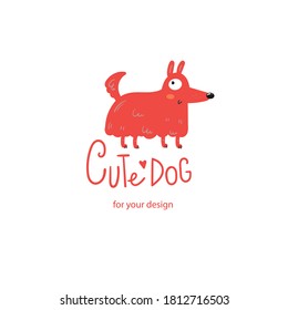 Card with cute cartoon dog. Funny puppy. Childrens illustration with cheerful pet. Vector colorful image.