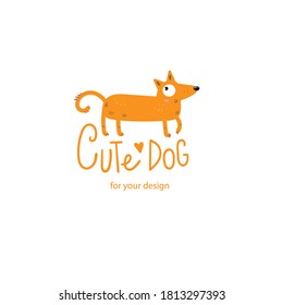 Card with cute cartoon dog. Funny puppy. Childrens illustration with cheerful pet. Vector colorful image.