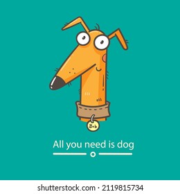 Card with cute cartoon dog. Funny puppy. Childrens illustration with cheerful pet. Vector contour colorful image.