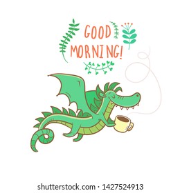 Card with cute cartoon dragon with mug. Wish good morning. Funny animal. Vector contour colorful  image. Children's illustration.