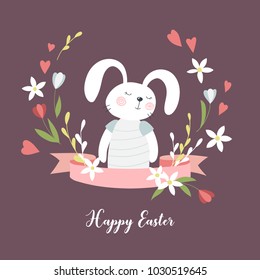 Card with cute cartoon Easter bunny. Vector illustration.
