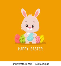 card cute cartoon Easter bunny with easter eggs. Vector illustration