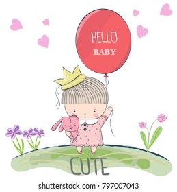 Card with cute cartoon fairy Tale Princess and the rabbit