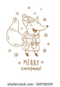 Card with cute cartoon fox in coat and hat. Winter time. Snow day. Funny  little animal in clothes. Merry Christmas!  Vector contour image no fill. Children's illustration.