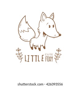 Card with cute cartoon fox. Little funny animal. Children's illustration. Vector contour image. Coloring book. Transparent background.