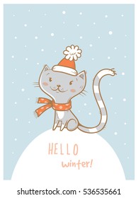 Card with cute cartoon gray cat  in scarf  and hat. Winter time. Snow day. Little kitten  in clothes. Funny animal. Vector contour image. Children's illustration.