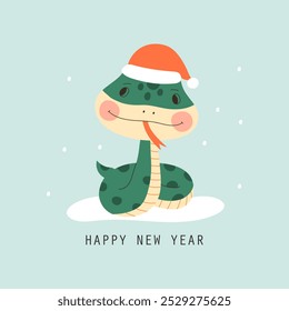 Card with cute cartoon green snake. Happy  New year 2025. Vector illustrations