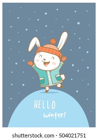 Card with cute cartoon hare in coat and hat. Winter time. Snow day. Little rabbit in clothes. Funny bunny. Vector image. Children's illustration.