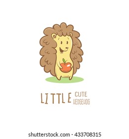 Card with cute cartoon hedgehog and apple. Little funny animal. Children's illustration. Vector image. 
