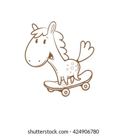 Card with cute cartoon  horse riding on  skateboard. Funny animal. Children's illustration. Vector contour image. Transparent background.