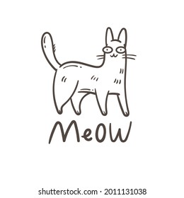 Card with  cute cartoon meow cat.  Funny doodle kitten. Vector contour image. Playful animal print.