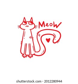 Card with  cute cartoon meow cat.  Funny doodle kitten. Vector contour image. Playful animal print.