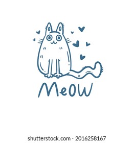 Card with  cute cartoon meow cat.  Funny doodle kitten. Vector contour image. Playful animal print.