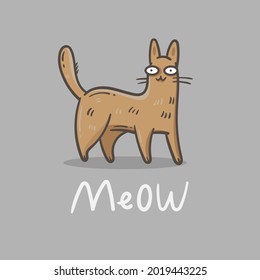 Card with  cute cartoon meow cat.  Funny doodle kitten. Vector contour image. Playful animal print.