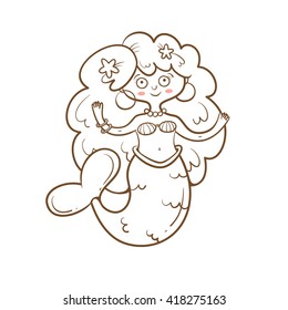 Card with cute cartoon mermaid. Fairy-tale characters.  Children's illustration. Transparent background.  Vector contour image.