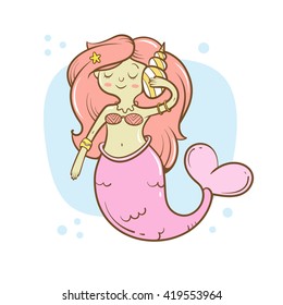 Card with cute cartoon mermaid and  sea shell. Fairy-tale characters.  Children's illustration. Vector image.