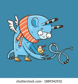 Card with  cute cartoon monster and bird. Funny fairy animal print. Line art doodle creature poster. Illustration for children.