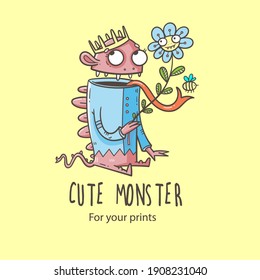 Tarjeta con un bonito monstruo de dibujos animados y flor. Ilustración vectorial para los niños. Graciosa letra de criatura garabato. Afiche de arte en línea.