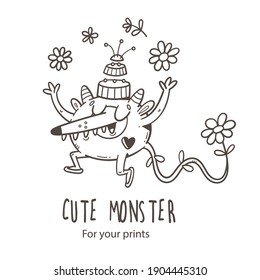 Card with  cute cartoon monster and  flowers. Vector illustration for kids. Funny doodle creature print. Line art poster.