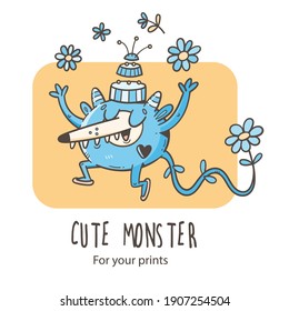Card with  cute cartoon monster and  flowers. Vector illustration for kids. Funny doodle creature print. Line art poster.