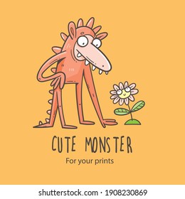 Card with  cute cartoon monster and  flowers. Vector illustration for kids. Funny doodle creature print. Line art poster.