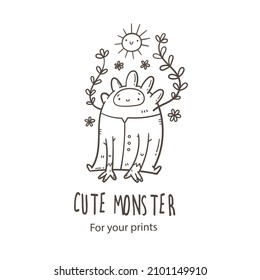 Card with  cute cartoon monster and  flowers. Vector illustration for kids. Funny doodle creature print. Line art poster.