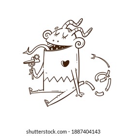 Card with  cute cartoon monster. Funny fairy animal print. Line art doodle creature poster. Illustration for children.