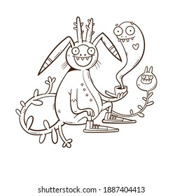 Card with  cute cartoon monster. Funny fairy animal print. Line art doodle creature poster. Illustration for children.