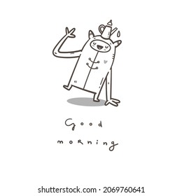 Card with  cute cartoon monster and  pot of coffee. Good morning wishes. Funny doodle creature print. Line art poster.