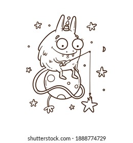 Card with  cute cartoon monster and  stars. Funny animal print. Illustration for children. Fabulous doodle space creature poster.