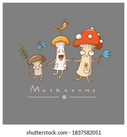 Card with cute cartoon mushrooms and plants. Funny characters. Vector contour colorful image.