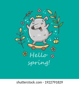 Card with cute cartoon puppy and plants. Doodle floral poster. Spring vector print with dog.