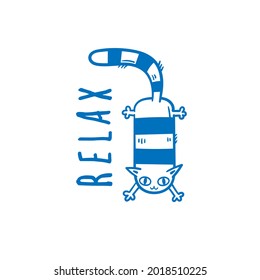 Card with  cute cartoon relax cat.  Funny doodle kitten. Vector contour image. Lazy animal print.