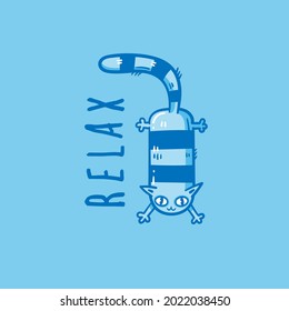 Card with  cute cartoon relax cat.  Funny doodle kitten. Vector contour image. Lazy animal print.