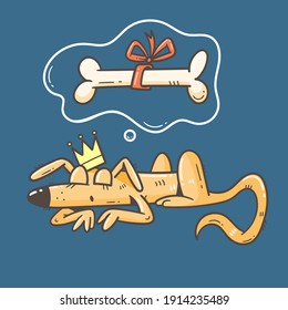 Card with cute cartoon sleeping dog. Print with doodle funny animal. Line art poster for children. Vector holiday illustration.