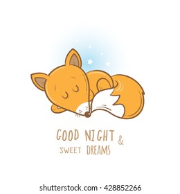 Card with cute cartoon sleeping fox. Little funny animal. Bedtime. Children's illustration. Vector image.