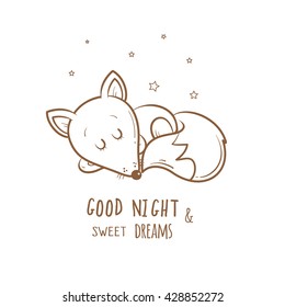 Card with cute cartoon sleeping fox. Little funny animal. Bedtime. Children's illustration. Vector contour image. Transparent background.