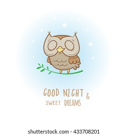 Card Cute Cartoon Sleeping Owl Little Stock Vector (Royalty Free ...