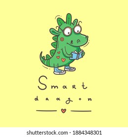 Card with  cute cartoon smart dragon. Funny crocodile print. Reading reptile poster. Vector doodle line art. Illustration for children. Books and studying.