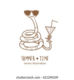Card with cute cartoon  snake  in  sunglasses. Glass with a cocktail.  Summer time. Vector contour  image. Children's illustration. Transparent background.