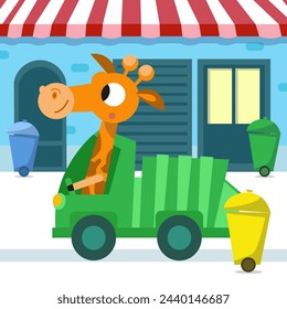 Card with cute cartoon style character. Giraffe and Garbage truck. Education for children. Scene for design. Preschool activity. Vector illustration.